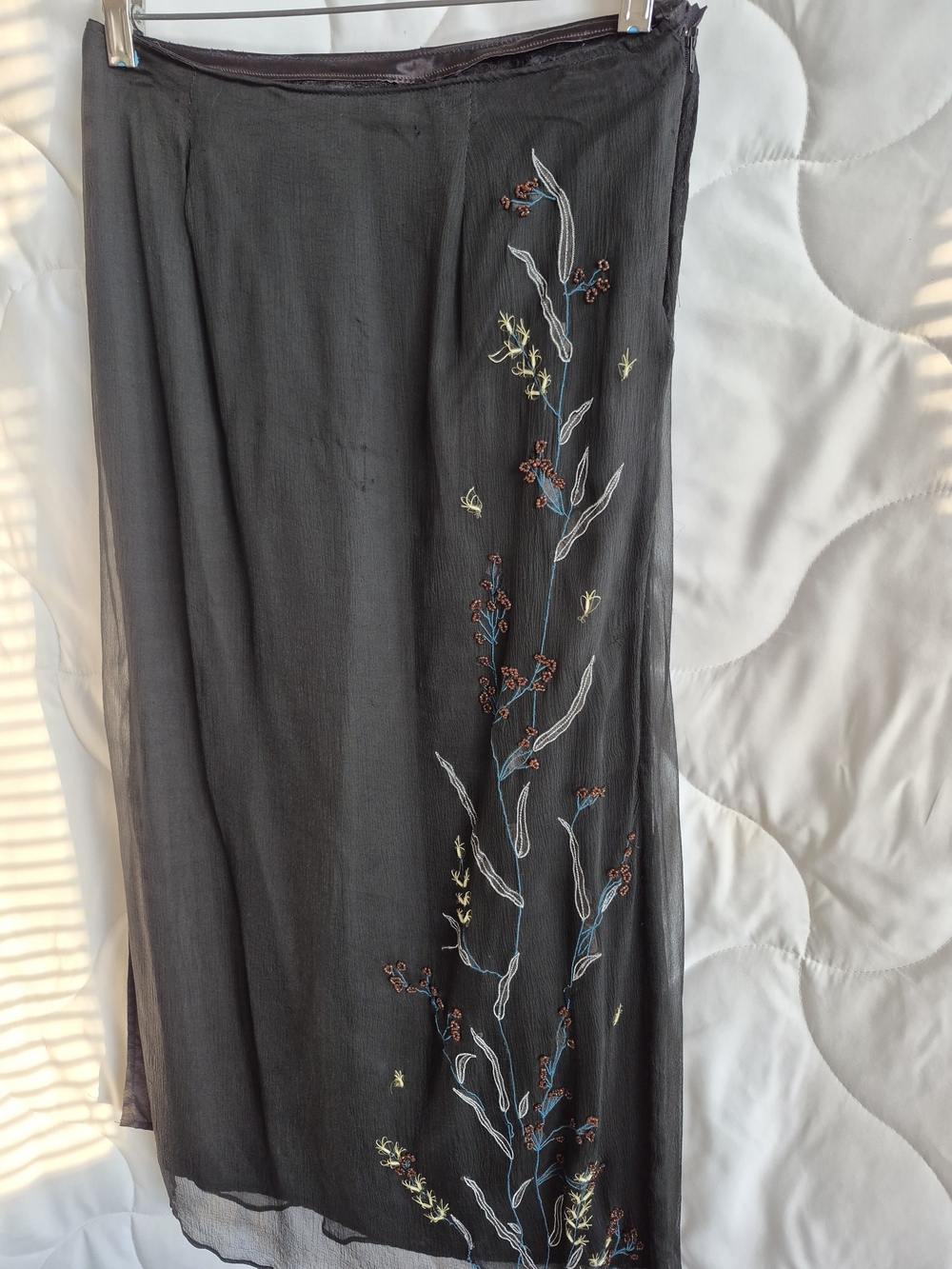 Vintage Whimsygoth Black Sheer Maxi Skirt with Multicolor Floral Embroidery